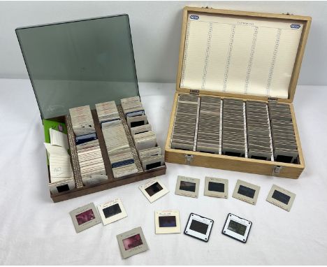 2 vintage index cases and a wooden case of projector slides showing various rural areas and local people from Germany, Austri