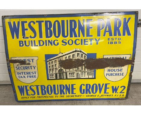 A large vintage enamel advertising sign for Westbourne Park Building Society in blue, yellow and white. Age related area's of