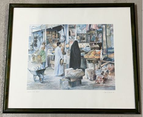 A limited edition Bahraini print of Manama market, signed and numbered in pencil to margin. Frame approx. 52cm x 61cm. 