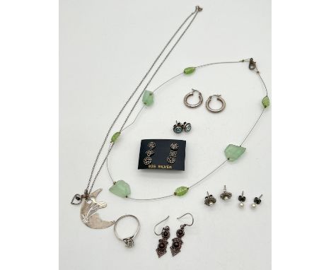 A collection of silver &amp; white metal jewellery to include gemstone set earrings, Celtic design studs, sea glass necklace 