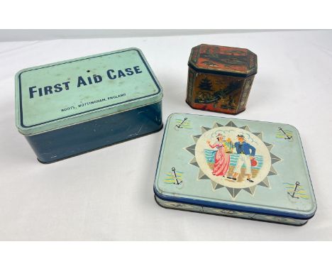 3 vintage tins. To include a Boots First Aid tin with contents - bandages, scissors, cotton wool etc and sailor themed Sharps