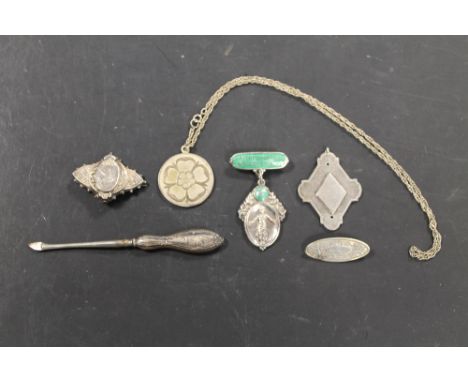 A SILVER AND ENAMEL MEDAL, ETC 