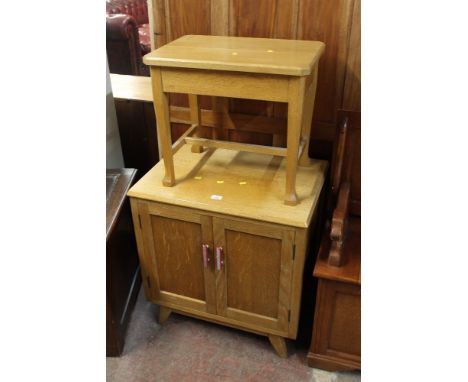 A LIGHT OAK TWO DOOR CABINET + AN OCCASIONAL TABLE ETC.  (3)