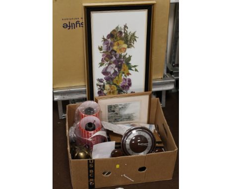 A SELECTION OF PICTURES LAMPS A WALL CLOCK ETC 