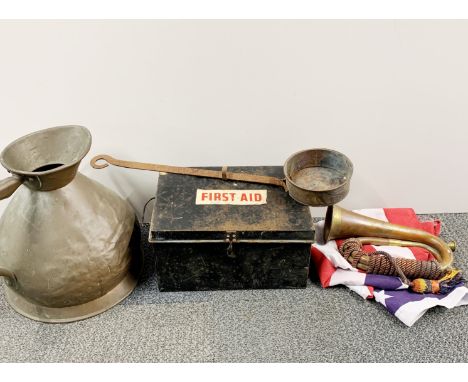 A military first aid box together with a bugle, Stars and Stripes flag and a large Victorian copper jug.