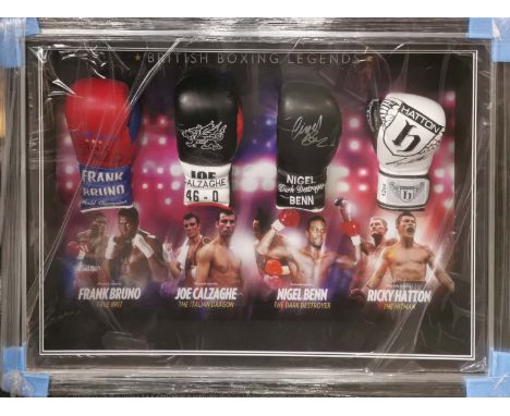 Autograph interest. A framed signed group of boxing gloves for Frank Bruno, Joe Calzaghe, Nigel Benn and Ricky Hatton, frame 