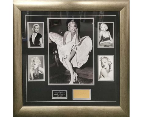 Autograph interest. A framed collage of Marilyn Monroe photographs with a Marilyn Monroe autograph, frame 79 x 72cm.