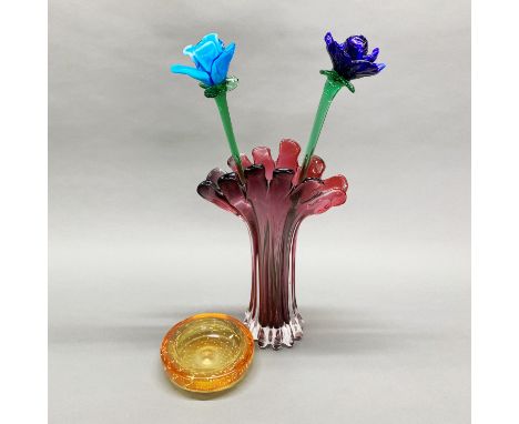 A vintage glass vase, H. 33cm together with a pair of Murano glass flowers and a Whitefriars ashtray.