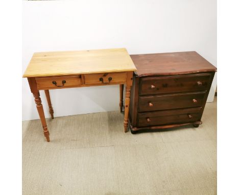 A stained pine three drawer chest together with a two drawer pine desk, desk 90 x 78 x 48cm.