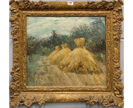 A gilt framed impressionist style oil on canvas of haystacks bearing the signature C. Pissarro. '85. Frame size 77cm x 68cm. 