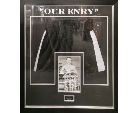 Autograph interest. A framed signed pair of boxing shorts for Henry Cooper, frame 96 x 90cm.