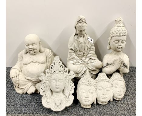 A group of cast concrete Buddhist figures, tallest 30cm.