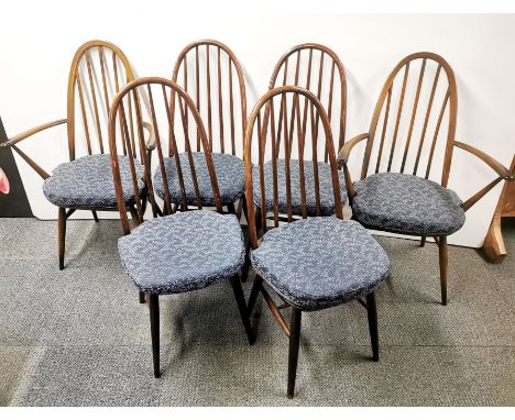 Two dark elm Ercol Quaker Windsor carver chairs, model 365A with four similar Ercol style dining chairs, H. 96cm.