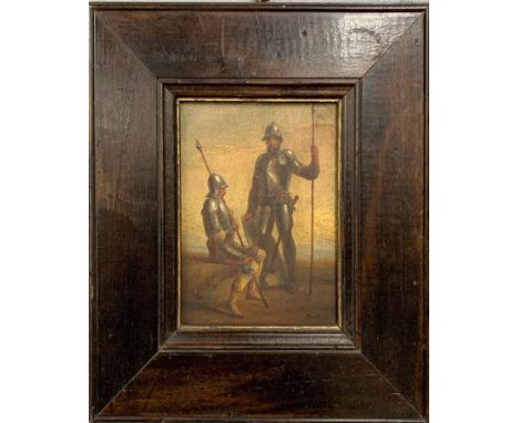 An oak framed 18thC oil on oak panel of Dutch soldiers, after a 17thC painting. Frame size 25 x 29cm. Prov. N. Forbes collect