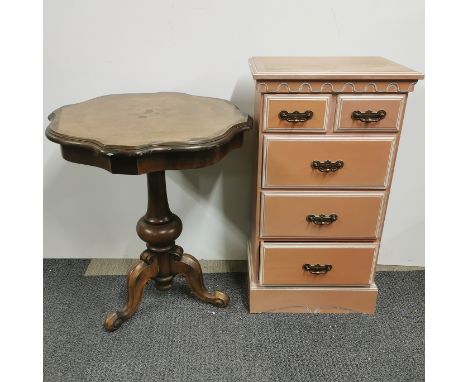 A five drawer painted pine bedside cabinet with an inlaid mahogany tripod table, cabinet 75 x 42 x 29cm.