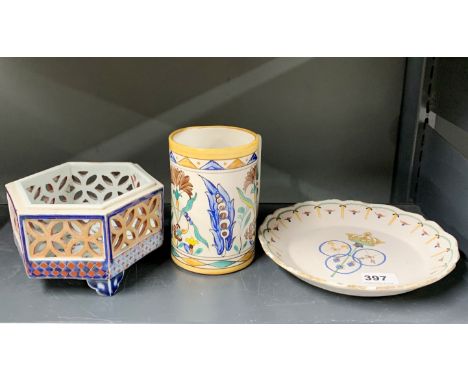 An early continental soft-paste porcelain plate together with a French faience tankard and Japanese imari bowl.