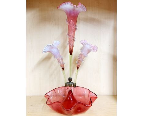 An impressive 19thC cranberry glass epergne, H. 51cm.