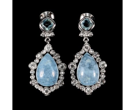 A pair of 925 silver earrings set with round cut blue topaz and cabochon cut aquamarines, L. 3cm.