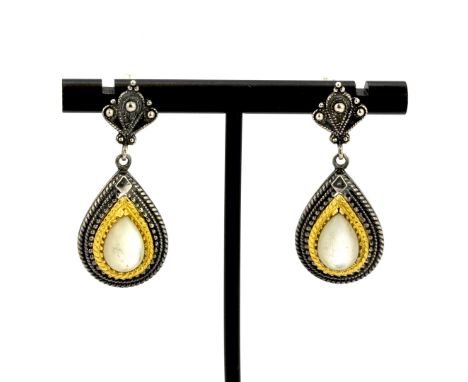 A pair of 925 silver silver gilt opal set drop earrings.