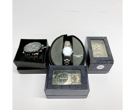 A group of three gents and one lady's wristwatches by Sekonda, Fovicen and Casio. Unused ex-jewellers stock.