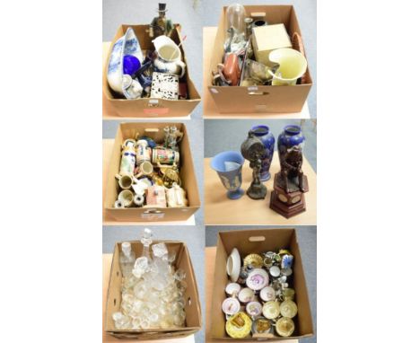 Six boxes of household ceramics and glass including a pair of Carltonware vases; a Wedgwood vase; a Vienna type wall clock; 1