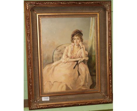 F Vernos, portrait of an elegant lady seated, signed oil on canvas, 39cm by 29cm 