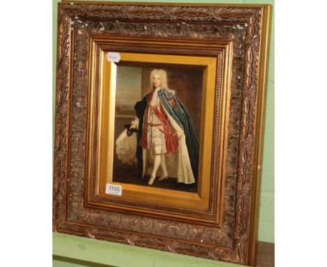After Philippe Mercier, portrait of a Nobleman wearing the order of the garter, oil on board, 24cm by 19cm  
