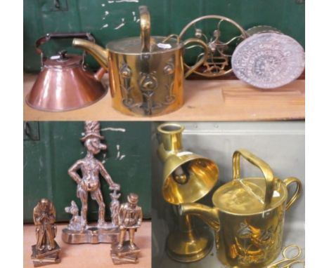 A group of copper and brass including an Art Nouveau brass watering can by Joseph Sankey &amp; Sons; a copper teapot in the m