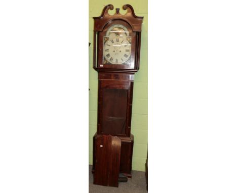 An early 19th century eight-day mahogany longcase clock signed Thomas Hill, Rochdale, painted arch dial with rolling movement