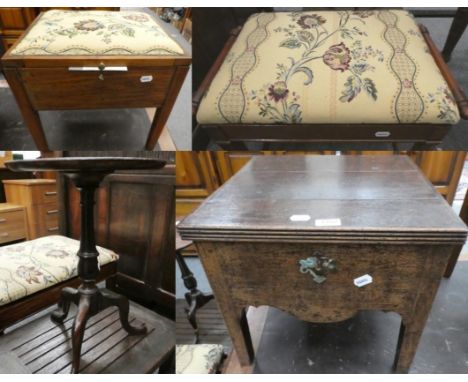 A piano stool; a Georgian commode (converted); a leather inset writing table; a wine table; and two further stools (6)