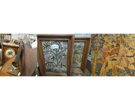A mantel clock, mother of pearl inlaid loot, a reproduction tapestry, two artists pallets, etc