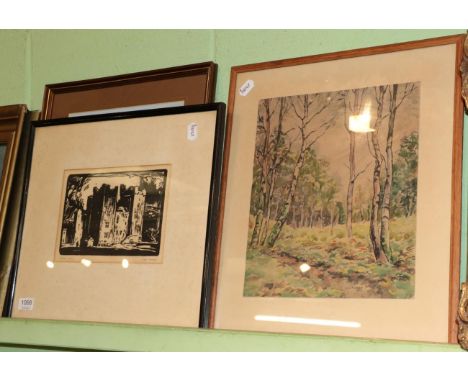 Fred Lawson (1888-1968) Bolton Castle, titled and signed in ink, woodcut; together with Gordon R Radford (b.1936) Woodland sc
