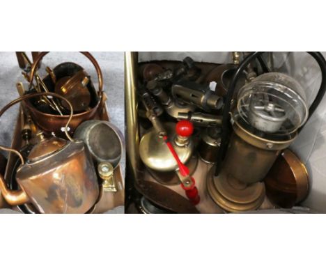Three boxes of copper brass and other items including camera and lenses