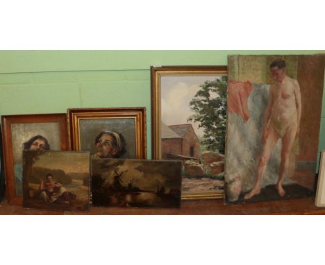 Meg Shaw, Chickens before a farm cottage, signed and dated (19)73, oil on board; together with a portrait study of a man, oil