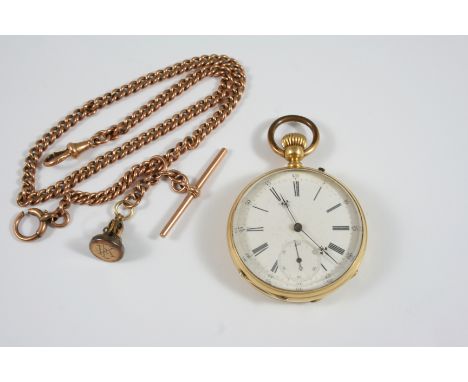 AN 18CT. GOLD OPEN FACED POCKET WATCH the white enamel dial with Roman numerals and subsidiary seconds dial, with engine turn