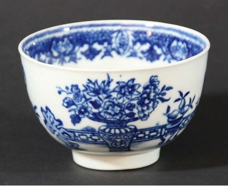 WORCESTER BLUE AND WHITE TEA BOWL, transfer printed in The Bat pattern, hatched crescent mark to base, diameter 7.5cm