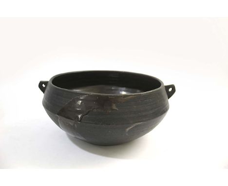 LARGE JANET LEACH STUDIO POTTERY BOWL - ST IVES a large stoneware bowl Black on Black with small lug handles, the blackened b