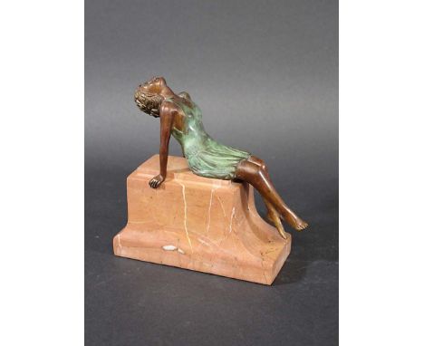 ART DECO BRONZE LADY a bronze figure of a reclining Lady, mounted on a pink marble base. Unsigned, 6 3/4ins (17.5cms) high