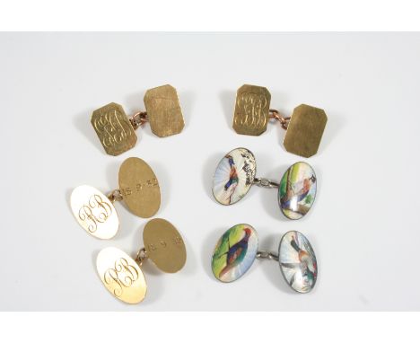 A PAIR OF 9CT. GOLD CUFFLINKS of octagonal shape, engraved with initials, 5.6 grams, together with another pair of 9ct. gold 
