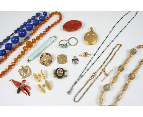 A QUANTITY OF JEWELLERY including a micromosaic clasp, a turquoise enamel pencil holder, a pair of 18ct. gold cufflinks, set 