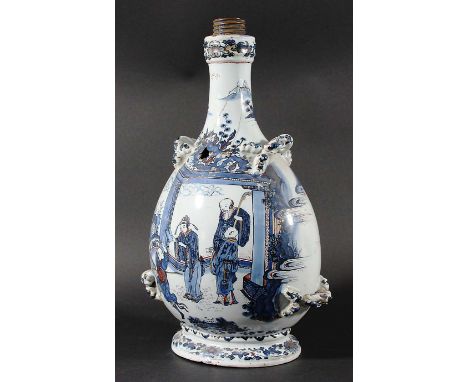 DELFT PILGRIM'S FLASK, 18th century, probably Dutch, painted in cobalt blue and iron red with gilt highlights with a scene of