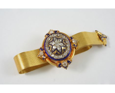 A VICTORIAN DIAMOND, ENAMEL AND GOLD BRACELET the central star section is set with graduated cushion-shaped old brilliant-cut