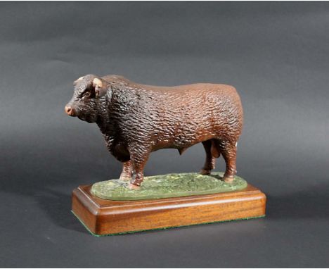 SHEBEG POTTERY - RED RUBY DEVON BULL, ISLE OF MAN a limited edition pottery model of a Red Ruby Bull, mounted on a wooden pli