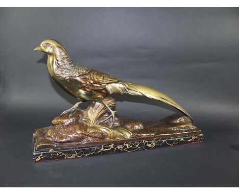 ART DECO BRONZE PHEASANT - R POLLIN a large French patinated bronze figure of a Pheasant on a naturalistic base, and mounted 