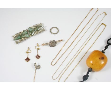 A QUANTITY OF JEWELLERY including a rose-cut diamonds set cockerel stick pin, a diamond set openwork foliate brooch, mounted 