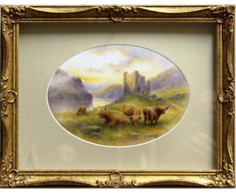MILWYN HOLLOWAY (Royal Worcester Artist) Highland Cattle before a castle, oval porcelain plaque,signed, printed mark verso, 1