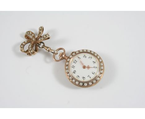 A LADY'S TURQUOISE AND PEARL SET FOB WATCH the white enamel dial with Arabic numerals and set within a border of half pearls,