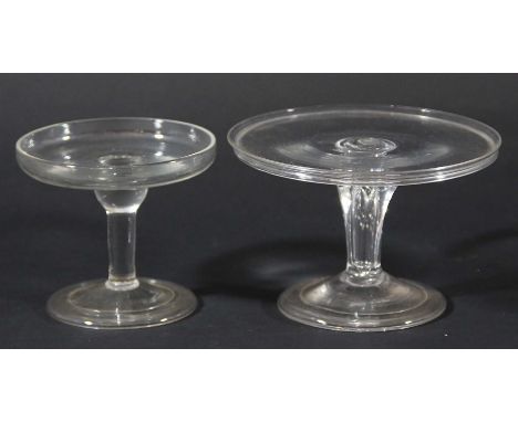 GEORGIAN GLASS PATCH STAND, circa 1750, with a low rim, hexagonal pedestal stem, spreading foot with folded over rim, height 