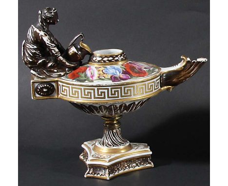 COALPORT OIL LAMP INKWELL, circa 1805-10, painted with large flowerheads, on a wrythen stem and triangular foot, the handle m