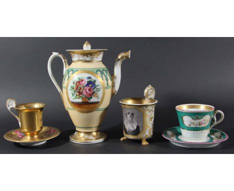 BERLIN PORTRAIT CUP, mid 19th century, painted en grisaille with a portrait of a lady on a tooled gilt and scrolling painted 